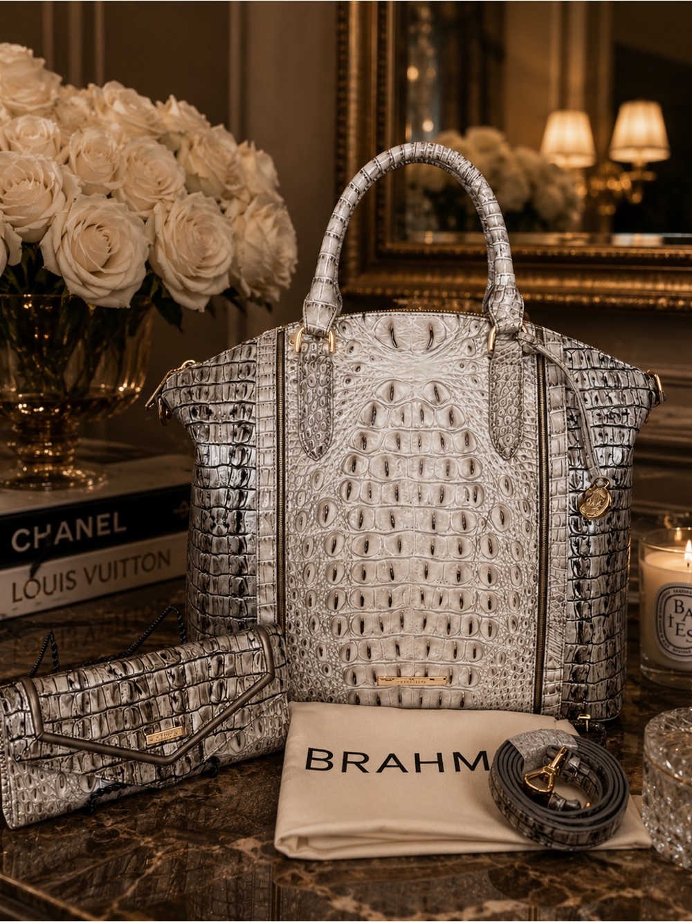 Elegant Brahmin Silver Crocodile Embossed Satchel and Wallet Set